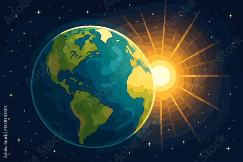 Sunrise over planet Earth from space, vector illustration. The world globe with continents in the cosmos. Concept of a new day, dawn, hope, future, discovery, ecology, and environment.