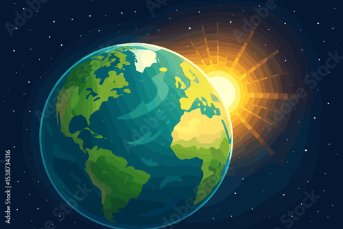Planet Earth from space with a beautiful sunrise. Cartoon vector illustration of the world globe in the cosmos. Concept for science, ecology, astronomy, hope, and new beginnings.