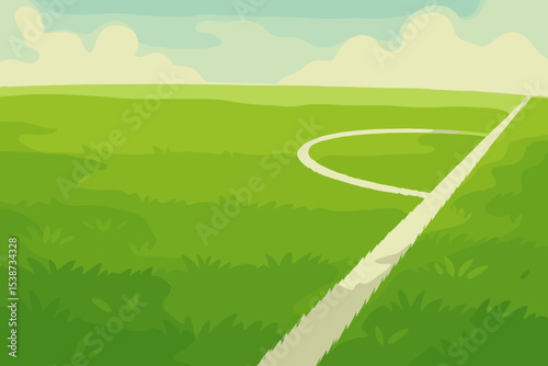 Cartoon soccer field background with green grass and a white center line. Empty football pitch scene for sports, games, or tournament concepts. Vector sport landscape illustration.