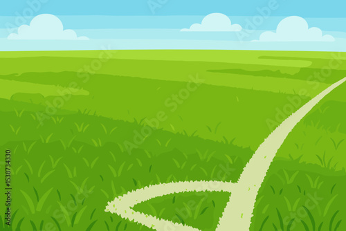 Soccer field corner with white line marking on green grass. Football pitch background for sport game or championship. Vector illustration of a stadium lawn with blue sky.