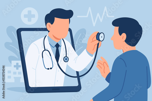 Online doctor consultation and telemedicine concept. Physician on a tablet screen examines a patient with a stethoscope. Virtual healthcare, remote medical checkup, digital health service.