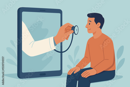 Telemedicine concept with doctor examining patient via tablet screen. Virtual consultation and online healthcare illustration. Digital medical service, remote checkup and e-health.