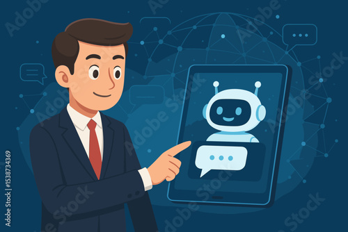 Businessman uses AI chatbot for customer service automation. Man holding tablet with virtual assistant robot. Artificial intelligence, future technology, and online support concept.