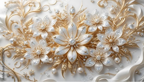Elegant white flowers with gold accents and crystal embellishments in luxurious 3D style. Perfect for wedding decor, luxury branding, or background designs.