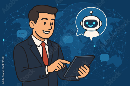 Businessman using a tablet to chat with an AI chatbot for customer service. Concept of global business communication, technical support, and virtual assistant technology.