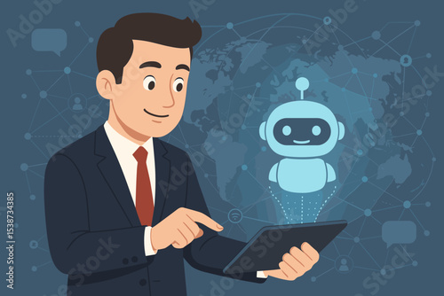 Businessman interacts with AI chatbot on a digital tablet. Virtual assistant robot for customer service and support. Concept of future technology, global communication, business automation.
