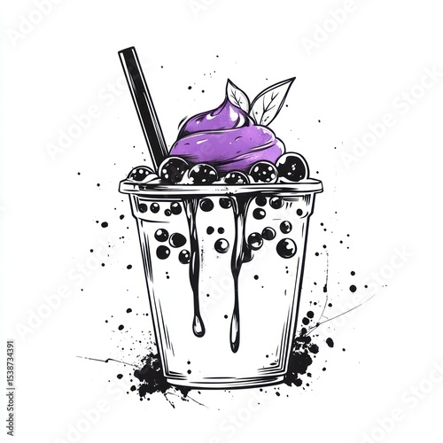 A delicious purple boba tea drink with whipped cream awaits.