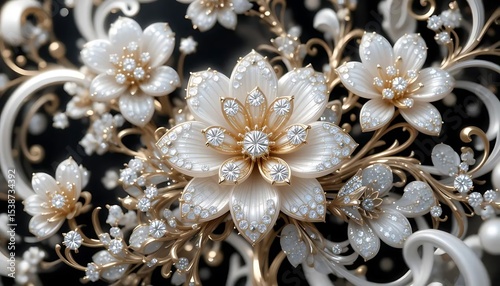 Elegant white flowers with gold accents and crystal embellishments in luxurious 3D style. Perfect for wedding decor, luxury branding, or background designs.