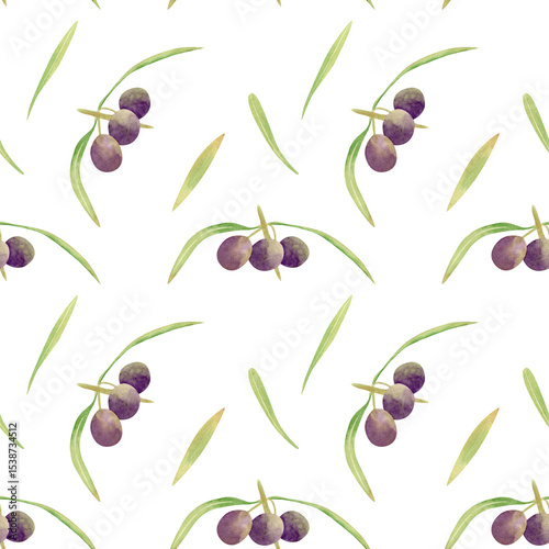 Seamless olives background. Watercolor floral pattern with illustration of green and violet olive fruit and leaves on branch for fabric, home textile, bed linen prints