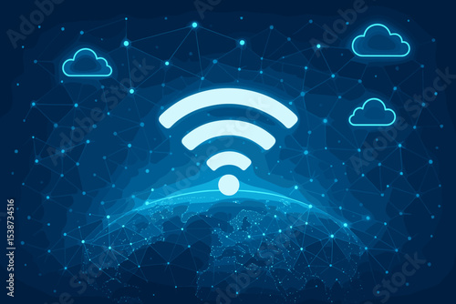 Global wireless technology concept with Wi-Fi signal over planet Earth. Abstract futuristic background with a digital network grid. Cloud computing and internet communication vector.
