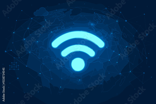 Wi-Fi symbol. Global wireless technology. Internet connection concept. World map digital background. Communication network. Data transfer. Cloud computing. Futuristic cyber innovation. IoT.