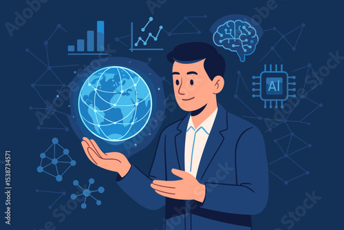 Data science and artificial intelligence concept with a businessman holding a glowing globe. Vector for big data analytics, global network, machine learning, and business technology.