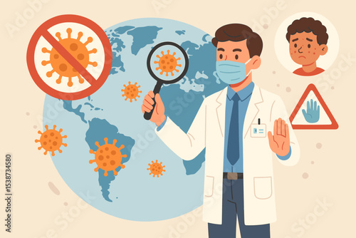 Doctor with magnifying glass studies monkeypox virus. Mpox awareness concept for global pandemic prevention. Stop infectious disease. Public health illustration with patient symptoms.