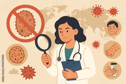 Doctor studies Monkeypox virus. Mpox awareness campaign for global pandemic. Public health concept with symptoms like skin rash, pustules and prevention like hand washing. Stop virus.
