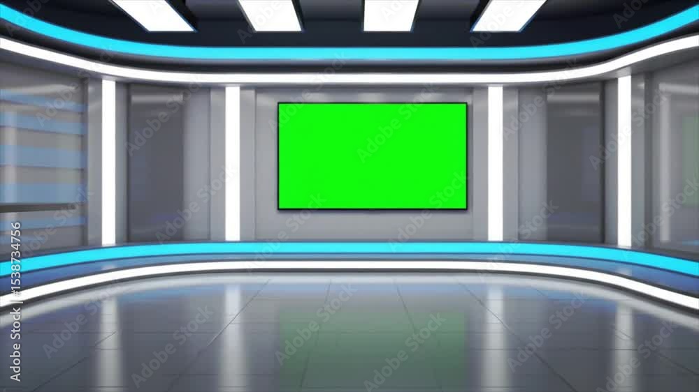 Modern Elegant News Studio Background with Green Screen TV and LED Lighting