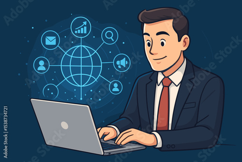 Digital marketing concept with a businessman at a laptop. Online business strategy with a global network interface showing icons for SEO, analytics, email, and social media promotion.