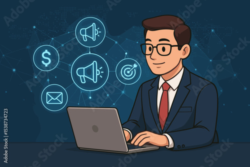 Digital marketing concept with specialist working on laptop. Businessman managing online advertising, email campaigns, and financial targets. Business strategy and promotion vector.