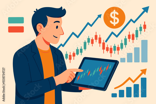 Stock market analysis concept with businessman holding a tablet. Financial trading and investment strategy for business growth. Vector illustration of economic data with candlestick chart.