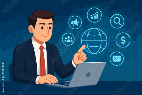 Digital marketing concept with a businessman analyzing a global business strategy. Professional at laptop with a virtual interface showing icons for SEO, analytics, and social media.