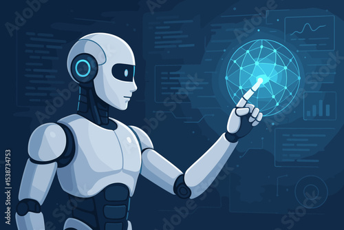 Artificial intelligence concept. Robot interacts with futuristic virtual interface, analyzing data. AI managing global network. Machine learning, automation, tech innovation.