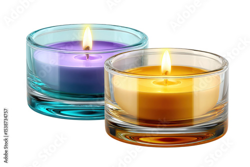 Two Vibrant Candles in Elegant Glass Softly Lit on Transparent Background