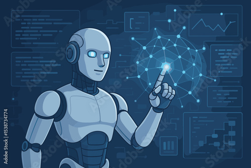 Artificial intelligence concept with a robot touching a neural network on a futuristic screen. AI technology for machine learning, big data analytics, programming, and business automation.