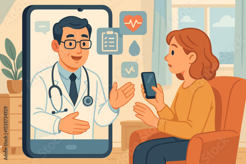 Virtual healthcare consultation concept. Woman patient talking to an online doctor via video call on a smartphone. Telemedicine and telehealth technology for remote medical advice.