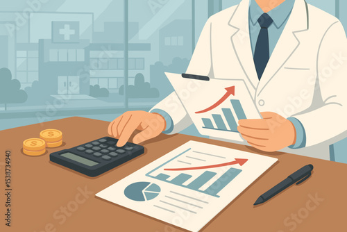 Healthcare finance concept with a doctor calculating medical costs on a calculator. Hospital administration and budget management. Financial report with profit growth chart analysis.