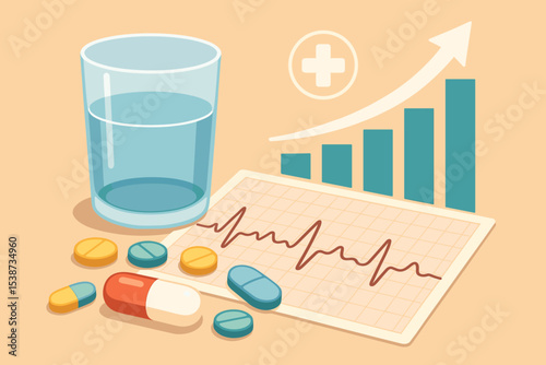 Healthcare costs and pharmaceutical industry growth concept. Medical illustration with medication, pills, EKG heartbeat graph and a rising bar chart. Health insurance and finance.