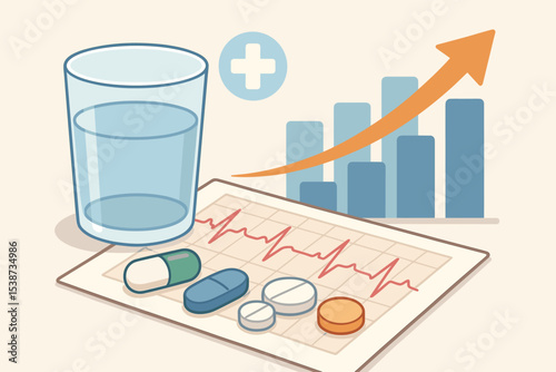 Healthcare costs and pharmaceutical industry growth concept. Pills, medicine on an EKG chart background. Rising bar graph shows increasing medical expenses and pharma stock prices.