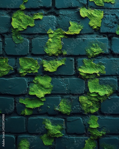 Dark teal brick wall covered in vibrant green foliage