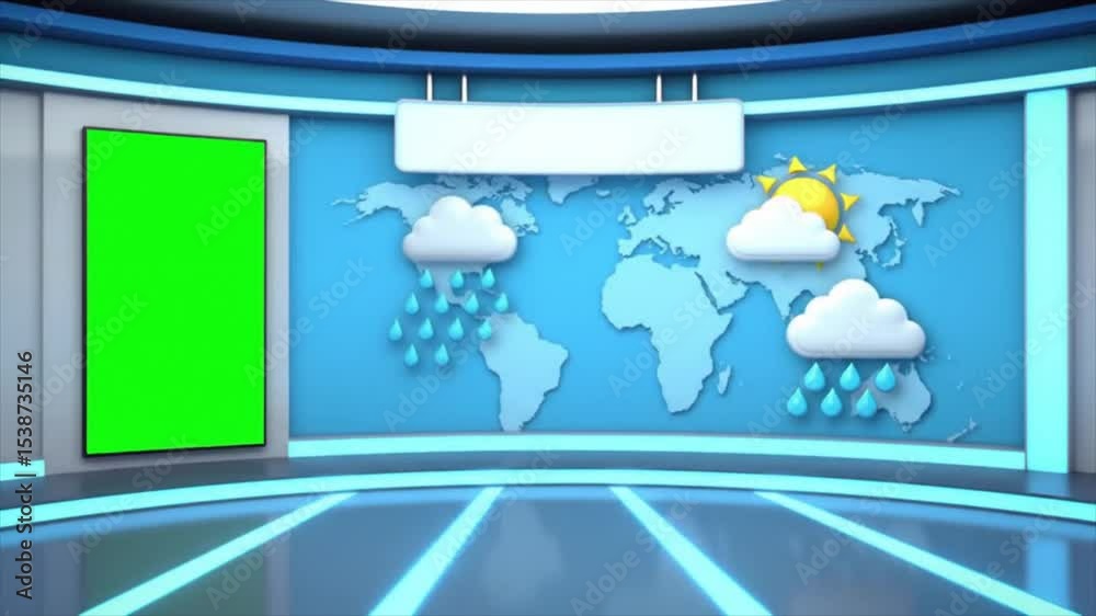 Modern Weather News Studio Background with Vertical Green Screen and Animated Icons