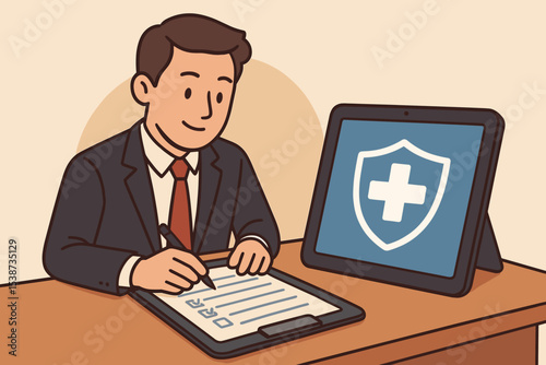 Man signing health insurance contract. Businessman filling out medical policy application form. Digital healthcare service concept with protection shield icon on a tablet screen.