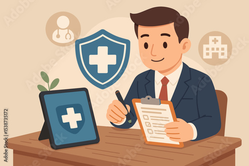Health insurance concept. Man signing medical coverage policy document on clipboard. Client filling out application form. Healthcare protection, digital health technology and security.