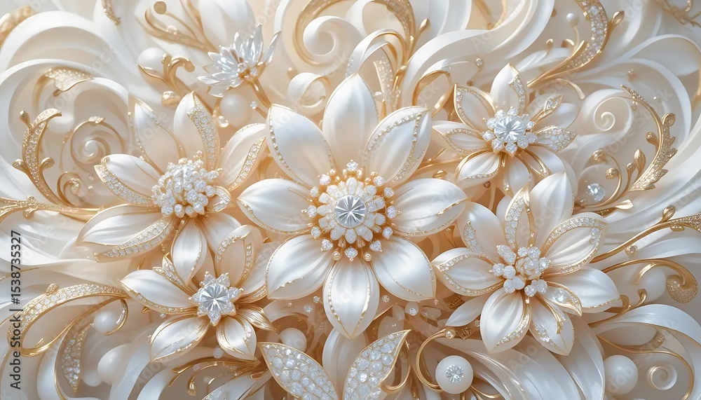Elegant white flowers with gold accents and crystal embellishments in luxurious 3D style. Perfect for wedding decor, luxury branding, or background designs. Elegant white flowers with gold accents and crystal embellishments in luxurious 3D style. Perfect for wedding decor, luxury branding, or background designs.