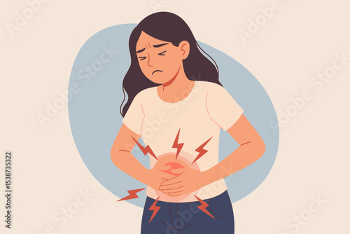 Woman suffering from severe stomach pain and abdominal cramps. Unhappy girl having menstrual period pain. Concept illustration for indigestion, gastritis, or digestive problems.