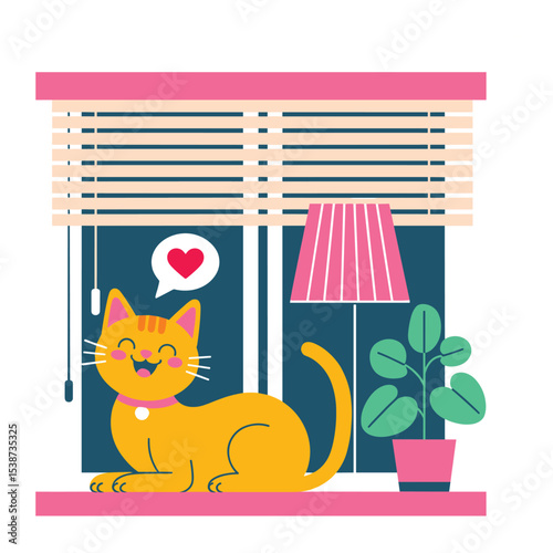 Cheerful Cat on Sunny Windowsill Vector