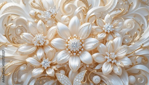 Elegant white flowers with gold accents and crystal embellishments in luxurious 3D style. Perfect for wedding decor, luxury branding, or background designs.
