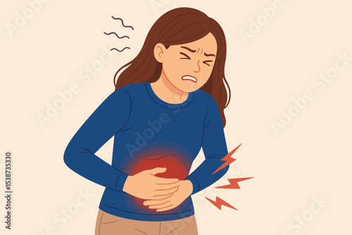 Woman suffering from severe stomach pain holding her abdomen. Concept of stomachache, menstrual cramps, period pain, PMS, indigestion, gastritis, bloating, food poisoning. Sick female.