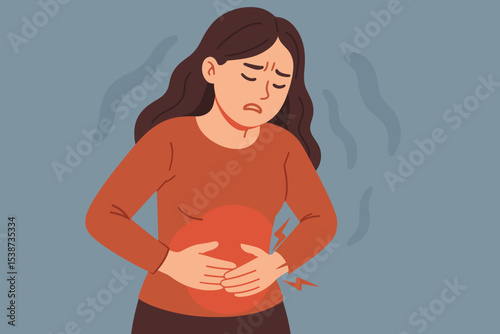 Woman with stomach ache feeling sick. Girl suffering from abdominal pain, menstrual cramps, gastritis, indigestion, or bloating. Unwell female character with health problem vector.