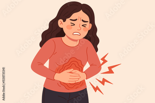 Woman suffering from severe stomach ache holding her abdomen. Sick character feeling unwell from period pain, menstrual cramps, PMS, gastritis, indigestion, or food poisoning.