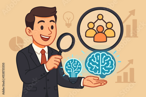 Business intelligence concept with businessman exploring data. Magnifying glass for market research, AI innovation, team analysis, and strategic insights for company growth. Vector.