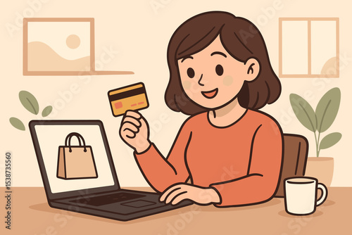 Happy woman shopping online using laptop and credit card for payment. E-commerce, internet retail and consumerism concept illustration. Satisfied customer making a purchase.