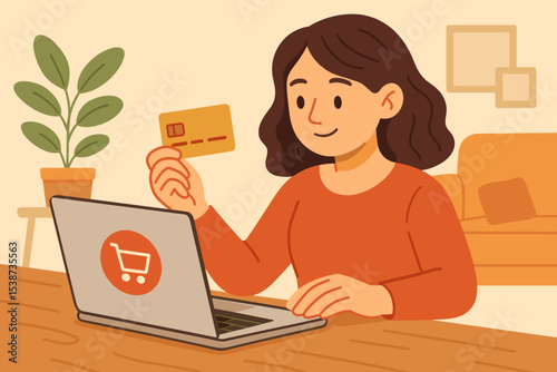 Online shopping concept. Woman with laptop and credit card buying on internet. E-commerce transaction, digital payment from home. Customer purchasing goods online. Retail sale vector.
