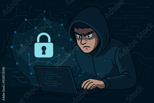 Hacker in a dark hoodie working on laptop. Concept of cybersecurity threat, cybercrime, data breach, and phishing. Anonymous programmer breaking into a secured network system.