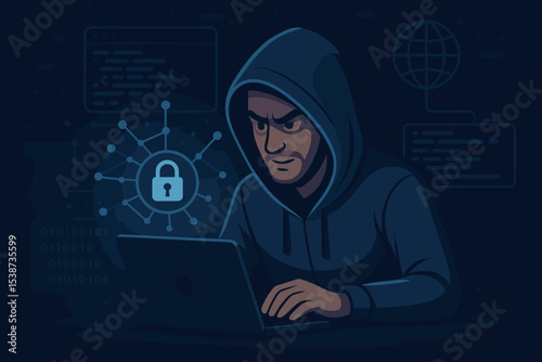 Hacker in hoodie at laptop computer. Cybersecurity threat and cybercrime concept. Anonymous programmer coding malware for data breach and phishing attack. Virtual network security.