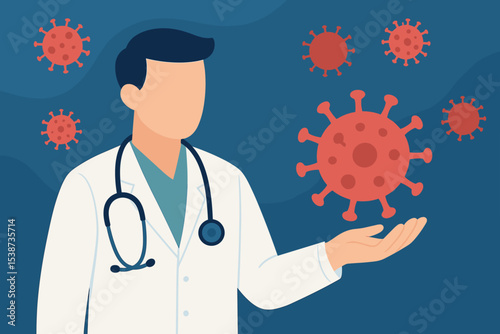 Doctor holding a coronavirus cell. Medical vector illustration about pandemic and virus research. Healthcare professional concept for fighting covid-19, virology science and treatment.