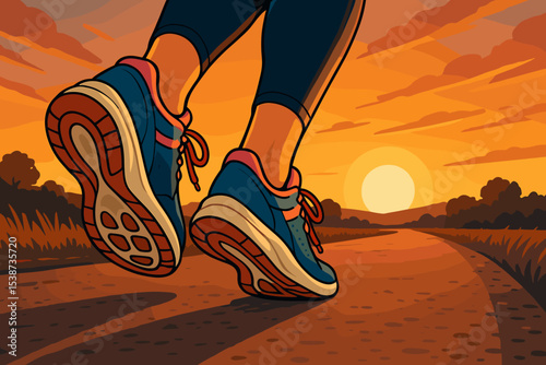 Woman running on a trail path at sunset. Low angle view of feet in sneakers. Concept for fitness, sport motivation, healthy lifestyle, outdoor workout, marathon training, and wellness.