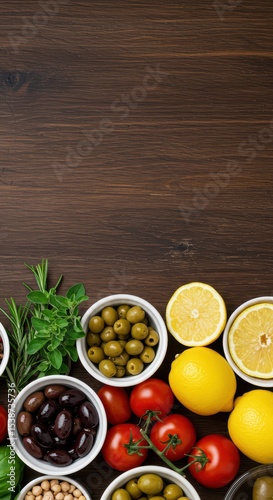 Frame from fresh culinary products on an empty wooden table background for product montage, banner, posters or presentations, recipe, menu with copy space. Healthy food concept. Mediterranean diet.	
