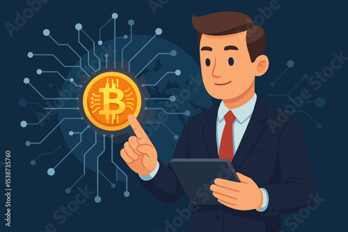 Businessman investor with tablet pointing at glowing Bitcoin. Concept of cryptocurrency, blockchain technology, digital currency, crypto trading, financial investment, and fintech.